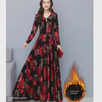Женское бархатное утолщенное платье с карманами на осень/зиму - стильная длинная юбка для людей среднего и пожилого возраста XXL красный/цветочный
