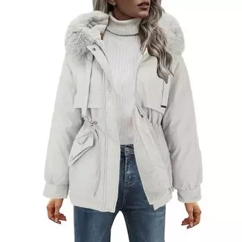 Женское бархатное вельветовое пальто с капюшоном, женское зимнее хлопковое пальто, утолщенная теплая куртка средней длины L бежевый