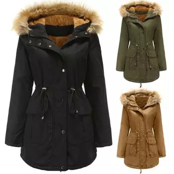 Женское бархатное вельветовое пальто с капюшоном, женское зимнее хлопковое пальто, утолщенная теплая куртка средней длины XXL чёрный