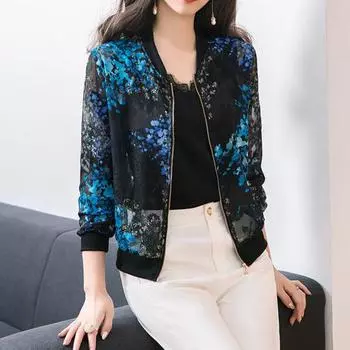 Женское бейсбольное пальто с принтом, защита от солнца, молния, тонкий воротник-стойка, солнцезащитный крем на молнии, цветные эластичные манжеты, женское пальто для дома XL чёрный