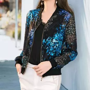 Женское бейсбольное пальто с принтом, защита от солнца, молния, тонкий воротник-стойка, солнцезащитный крем на молнии, цветные эластичные манжеты, женское пальто для дома M чёрный