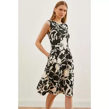 Женское белое черное расклешенное платье с карманами Elb-19000480