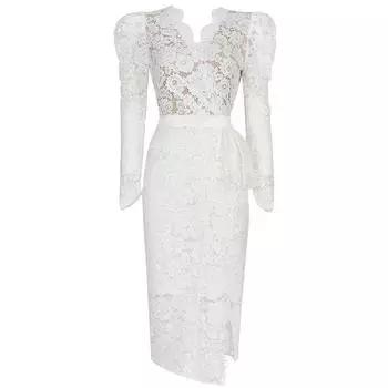 Женское белое кружевное вечернее платье с v-образным вырезом и длинным рукавом, весенняя высокая талия, элегантное длинное офисное платье-футляр миди с разрезом, новинка 2021 г. XL белый