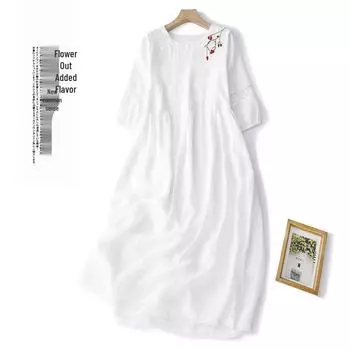 Женское белое платье из рами с вышивкой и рукавами-фонариками Medium