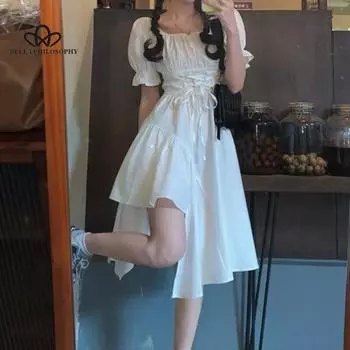 Женское белое платье, летнее элегантное винтажное платье миди с пышными рукавами и квадратным воротником, бандажный сарафан, готическая одежда S чёрный