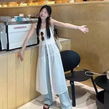 Женское белое платье на подтяжках с разрезом, тонкое прикрытое платье в стиле отпуска на море L белый