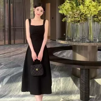 Женское белое платье на подтяжках во французском стиле - Summer Cool, квадратный вырез, тонкая талия, длинная юбка А-силуэта S