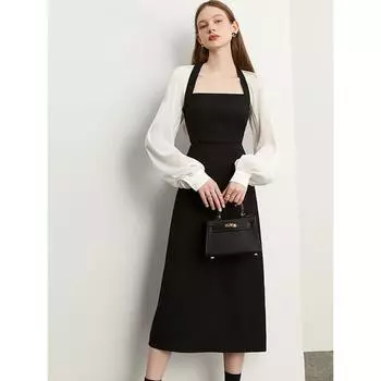 Женское белое платье с рукавами-фонариками, весеннее винтажное черное офисное длинное платье, корейская одежда M