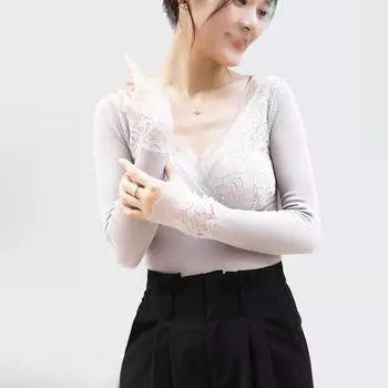 «Женское бесшовное кружевное термобелье для осени и зимы» One Size чёрный