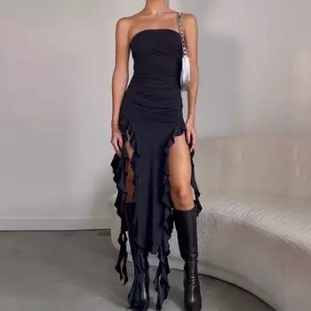 Женское без бретелек с лентой, открытое сексуальное утягивающее вечернее модное повседневное платье S чёрный
