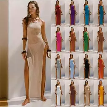 Женское бикини, элегантное прозрачное пляжное платье с разрезом, купальники, пляжная одежда S бежевый