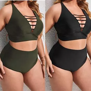 Женское бикини больших размеров в Европе и Америке, новое толстое мм большого размера, сплошное цветное ажурное бикини с перекрестным ремешком, регулируемое бикини с открытой спиной DM331 0XL чёрный