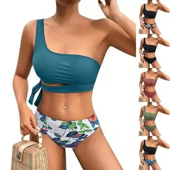 Женское бикини на одно плечо, модный пляжный купальник с высокой талией и разрезом L
