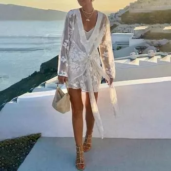 Женское бикини-накидка с V-образным вырезом, длинным рукавом, прозрачным вышитым цветочным узором, со шнуровкой, купальник-накидка S белый