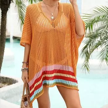 Женское бикини, накидка с V-образным вырезом, рукавами-спущенными плечами, ажурное пляжное платье с боковыми разрезами, вязаный крючком купальник, накидка небесно-голубой