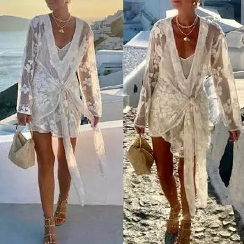 Женское бикини-накидка с V-образным вырезом, длинным рукавом, прозрачным вышитым цветочным узором, со шнуровкой, купальник-накидка S белый