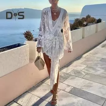 Женское бикини-накидка с V-образным вырезом, длинным рукавом, прозрачным вышитым цветочным узором, со шнуровкой, купальник-накидка S белый