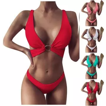 Женское бикини, однотонный купальник, бюстгальтер из двух частей, купальный костюм, пляжная одежда