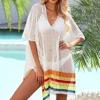 Женское бикини, прикрытие с V-образным вырезом, рукавами-спущенными плечами, ажурное пляжное платье с боковыми разрезами, цветной блок небесно-голубой