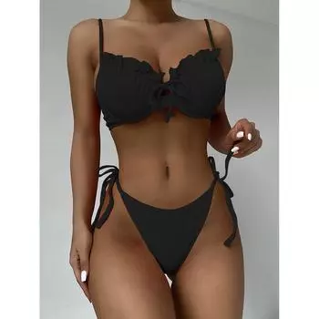 Женское бикини Push Up 5 цветов Купальник Женский купальник Сексуальный комплект бикини с рюшами Biquini Micro Biquini Купальный костюм Купальный костюм S чёрный