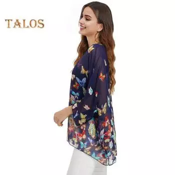 Женское бикини с круглым вырезом и рукавами «летучая мышь» 3/4, шифоновые пляжные топы с принтом бабочек, ультратонкая свободная одежда для защиты от солнца темно-синий