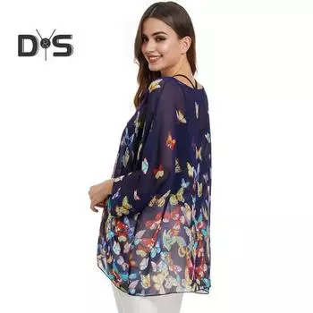 Женское бикини с круглым вырезом и рукавами «летучая мышь» 3/4, шифоновые пляжные топы с принтом бабочек, ультратонкая свободная одежда для защиты от солнца темно-синий