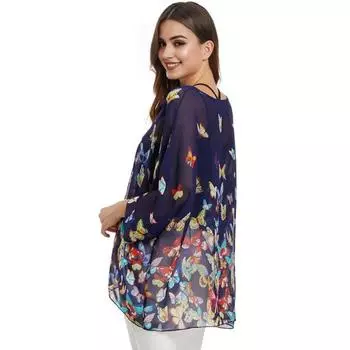 Женское бикини с круглым вырезом и рукавами «летучая мышь» 3/4, шифоновые пляжные топы с принтом бабочек, ультратонкая свободная одежда для защиты от солнца темно-синий