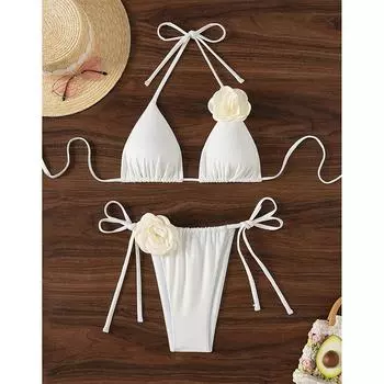 Женское бикини с объемными цветами, сексуальный купальный костюм с высокой талией, пляжный купальник, женский летний купальник S слоновая кость