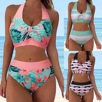 Женское бикини с принтом, плиссированные шнурки, широкие бретели, отдельный купальник из двух частей, купальник с высокой талией и v-образным вырезом, пуш-ап M чёрный