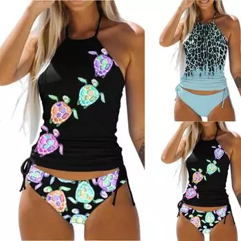 Женское бикини с разрезом и юбкой с принтом и подушечками на груди без купальника со стальным бюстгальтером S чёрный