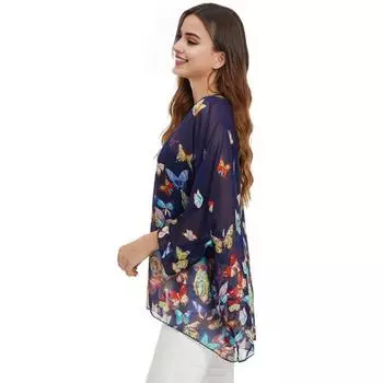 Женское бикини с вырезом 45355 Топы с крыльями летучей мыши и рукавами-бабочками из шифона Beach Up с круглым принтом Ультратонкие свободные темно-синий