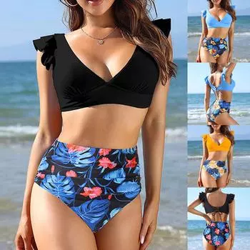 Женское бикини с высокой талией и принтом, разделенными рюшами и подкладкой на груди, купальник без стального бюстгальтера L чёрный