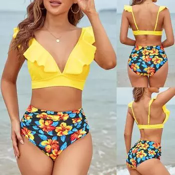 Женское бикини с высокой талией и принтом, разделенными рюшами и подкладкой на груди, купальник без стального бюстгальтера L жёлтый