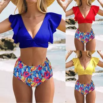 Женское бикини с высокой талией Push Up Бикини с принтом Купальник Женская пляжная одежда Купальники L синий