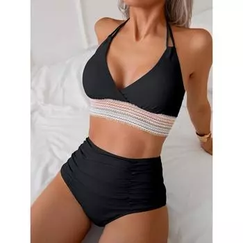 Женское бикини, сексуальный купальный костюм с высокой талией, пляжный купальник, женский летний купальник S чёрный