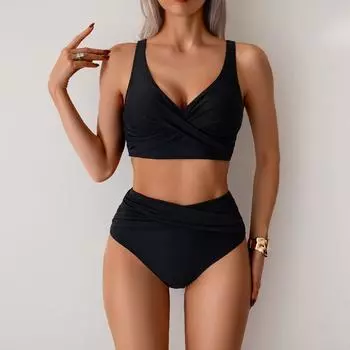 Женское бикини, сексуальный купальный костюм с высокой талией, пляжный купальник, женский летний купальник S чёрный