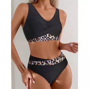 Женское бикини, сексуальный купальный костюм с высокой талией, пляжный купальник, женский летний купальник S чёрный