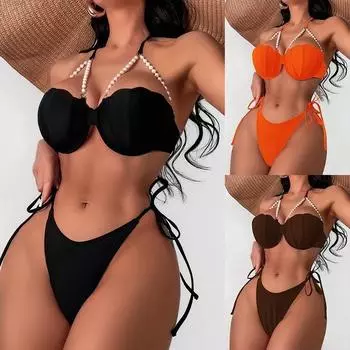 Женское бикини, сексуальный купальный костюм с высокой талией, пляжный купальник, сплошная цепочка, бикини, женский летний купальник S чёрный