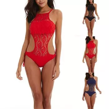 Женское бикини, сексуальный однотонный кружевной купальник с открытой спиной M синий