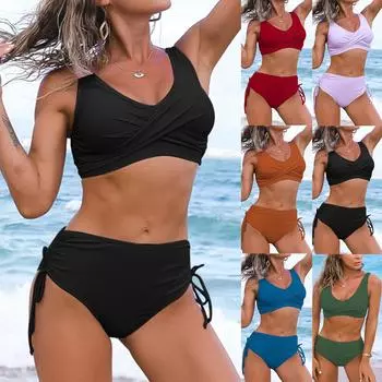 Женское бикини, сексуальный сплошной цвет с высокой талией и накладкой на грудь, без стального бюстгальтера, купальник L