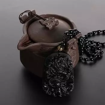 Женское благоприятное ожерелье из бисера с черным камнем и натуральным обсидианом, резной кулон с драконом-тотемом чёрный