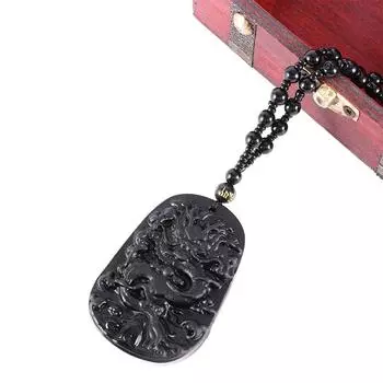 Женское благоприятное ожерелье с подвеской в виде тотема дракона из черного резного обсидиана с бусинами чёрный