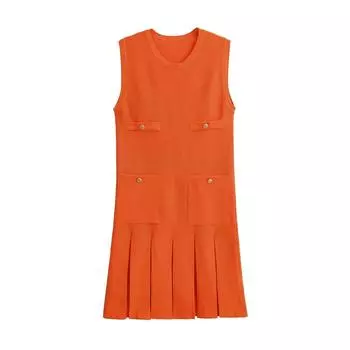 Женское бледно-желтое вязаное плиссированное платье Модное с карманами О-образный вырез Без рукавов А-силуэт Мини-платье Официальное S