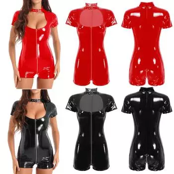 Женское блестящее боди из лакированной кожи с мокрым эффектом и вырезом на молнии спереди, обтягивающий комбинезон с короткими рукавами S чёрный