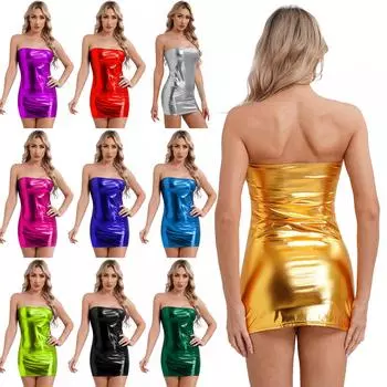 Женское блестящее металлическое платье без бретелек, наряды для вечеринок в стиле рейв, красное платье одного размера, хип-латексное платье One Size