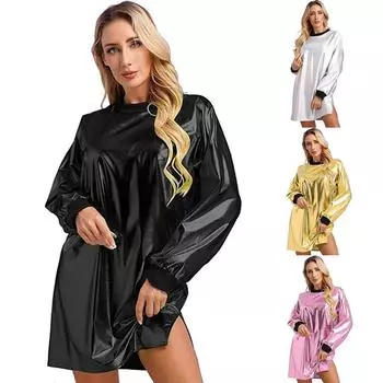 Женское блестящее металлическое вечернее платье с длинным рукавом и круглым вырезом, футболка, клубная одежда S золотой