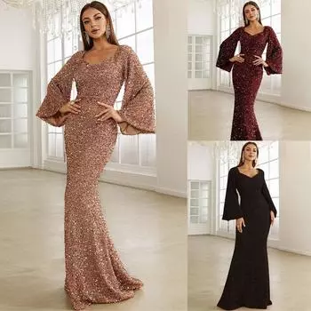Женское блестящее облегающее платье с блестящими рукавами и длинными рукавами, вечернее свадебное вечернее платье, формальная посылка, бедра L чёрный