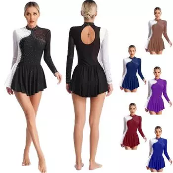 Женское блестящее платье для фигурного катания со стразами, контрастное цветное прозрачное сетчатое лоскутное платье с длинным рукавом и воротником-стойкой S бордовый