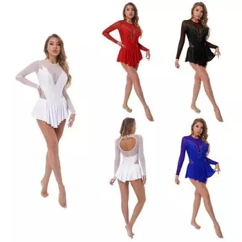 Женское блестящее платье для танцев на льду с сетчатыми вставками, длинными рукавами, оборками и блестящими стразами, костюм для соревнований S чёрный