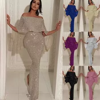 Женское блестящее платье на спине с большим рюшом и оборкой на груди, одно слово, платье с разрезом XXXL чёрный